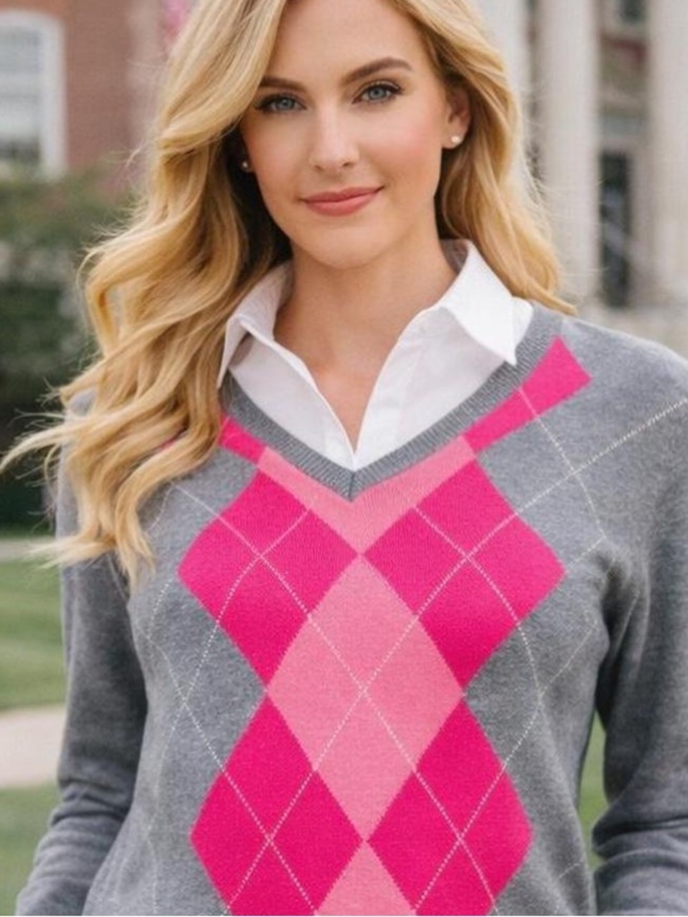 Izod Preppy Cotton Argyle V Neck Sweater Size S